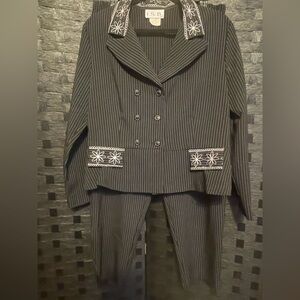 Vtg I.S.B Inc Jacket And Pants Black White Striped Size 14p embroidered floral